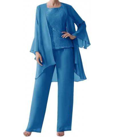 3 Pieces Mother of The Bride Dresses Pant Suits Lace Evening Formal Dress Chiffon Jacket Wedding Guest Groom Women's Blue $47...