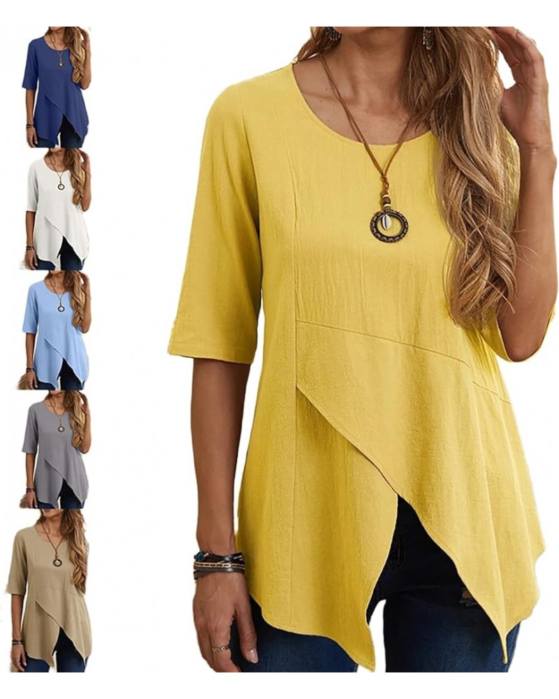 Women Cotton Linen Solid Color Plain Round Neck Slit Hem Half Sleeve Asymmetrical Top Tee Blouse A-yellow $12.38 Blouses