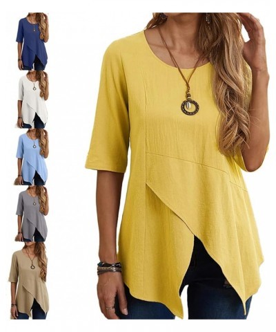 Women Cotton Linen Solid Color Plain Round Neck Slit Hem Half Sleeve Asymmetrical Top Tee Blouse A-yellow $12.38 Blouses