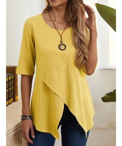 Women Cotton Linen Solid Color Plain Round Neck Slit Hem Half Sleeve Asymmetrical Top Tee Blouse A-yellow $12.38 Blouses