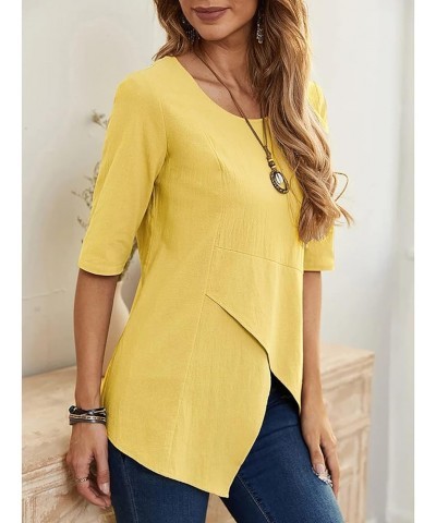 Women Cotton Linen Solid Color Plain Round Neck Slit Hem Half Sleeve Asymmetrical Top Tee Blouse A-yellow $12.38 Blouses