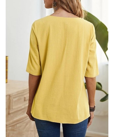 Women Cotton Linen Solid Color Plain Round Neck Slit Hem Half Sleeve Asymmetrical Top Tee Blouse A-yellow $12.38 Blouses