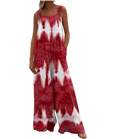 Women's Overalls Casual Loose Sleeveless Adjustable Straps Bib Wide Leg Jumpsuit with Pockets Tie Dye Long Pant Romper Red $1...