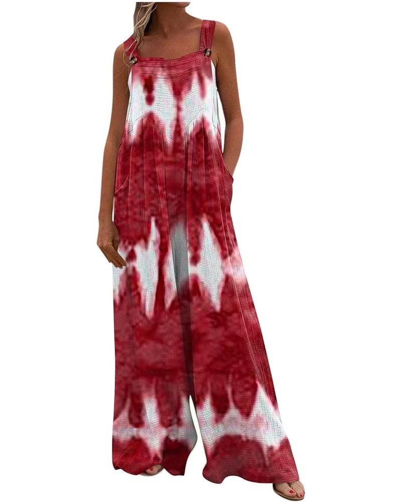 Women's Overalls Casual Loose Sleeveless Adjustable Straps Bib Wide Leg Jumpsuit with Pockets Tie Dye Long Pant Romper Red $1...