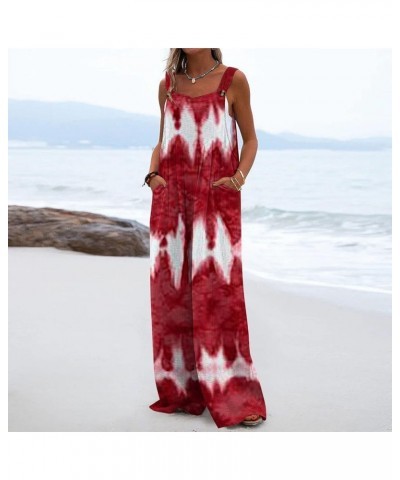 Women's Overalls Casual Loose Sleeveless Adjustable Straps Bib Wide Leg Jumpsuit with Pockets Tie Dye Long Pant Romper Red $1...