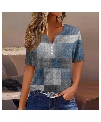 Womens Plus Size Tops V Neck Short Sleeve Shirts Summer Fashion Color Block Patchwork Henley Tunic Tee Button Blouses Royal B...