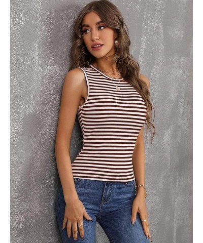 Women's Tank Tops Striped Sleeveless Ribbed Slim Fitted Tank Slim Knit Basic Casual Cami Tanks Striped Brown $10.08 Tanks