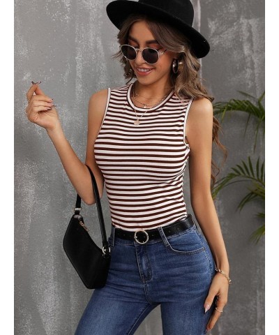 Women's Tank Tops Striped Sleeveless Ribbed Slim Fitted Tank Slim Knit Basic Casual Cami Tanks Striped Brown $10.08 Tanks