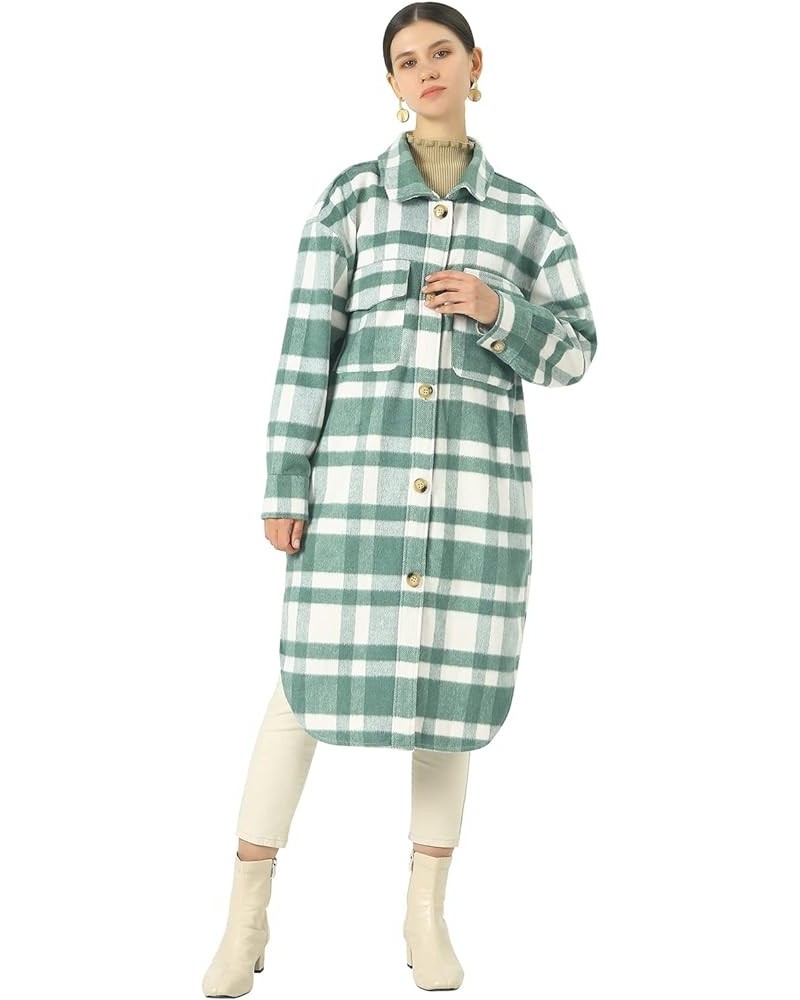 Women's Lightweight Spread Collar Wool Blend Plaid Midi Long Shacket Trench Coat Green $28.40 Jackets