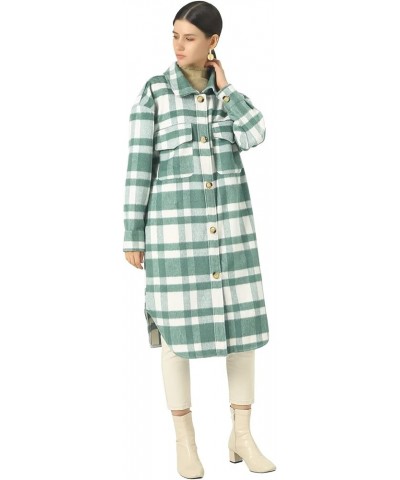 Women's Lightweight Spread Collar Wool Blend Plaid Midi Long Shacket Trench Coat Green $28.40 Jackets