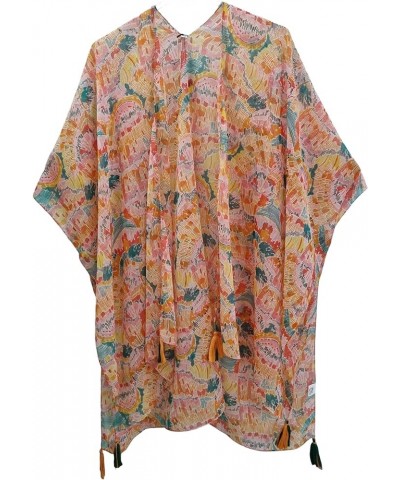 ♥ Women's Beach Cover up Swimsuit Kimono Cardigan Casual Tops with Bohemian Floral Print Chiffon Orange Pink Green Abstract T...