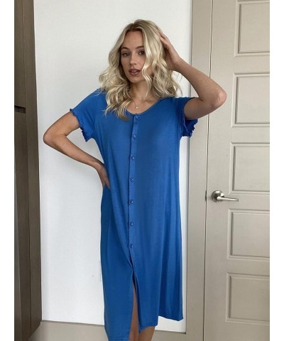 Women's Nightshirt Short Sleeve Button Down Nightgown V-Neck Sleepwear Pajama Dress A-blue $10.75 Sleep & Lounge