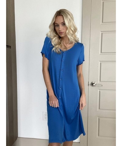 Women's Nightshirt Short Sleeve Button Down Nightgown V-Neck Sleepwear Pajama Dress A-blue $10.75 Sleep & Lounge