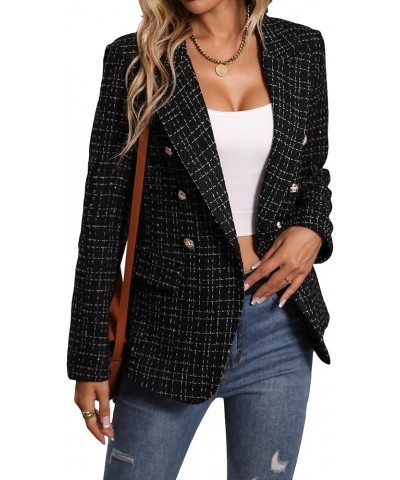 Women's Tweed Blazer Long Sleeve Lapel Neck Button Front Blazer Jacket Coat Black $28.04 Blazers