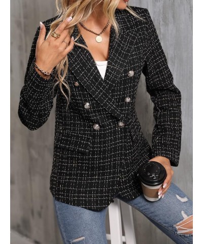 Women's Tweed Blazer Long Sleeve Lapel Neck Button Front Blazer Jacket Coat Black $28.04 Blazers