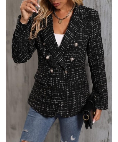 Women's Tweed Blazer Long Sleeve Lapel Neck Button Front Blazer Jacket Coat Black $28.04 Blazers