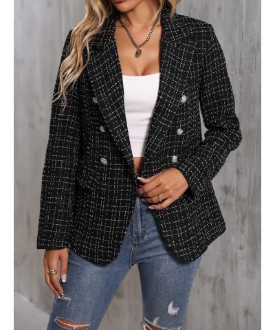 Women's Tweed Blazer Long Sleeve Lapel Neck Button Front Blazer Jacket Coat Black $28.04 Blazers