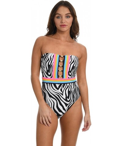 Women's Standard Bandeau Mio One Piece Swimsuit Black//Psychedelic Zebra $50.99 Swimsuits