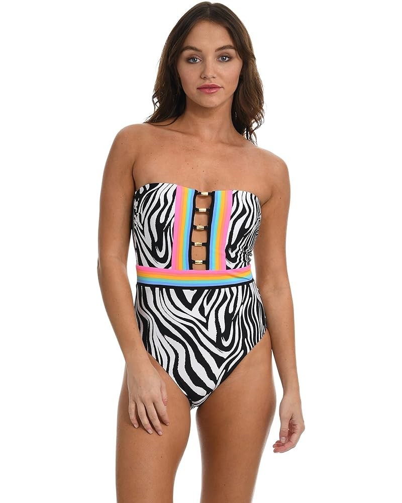 Women's Standard Bandeau Mio One Piece Swimsuit Black//Psychedelic Zebra $50.99 Swimsuits