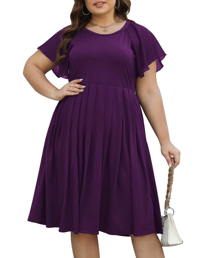 Plus Size Casual Summer Pleated Dress for Women Crew Neck Chiffon Short Sleeve Flowy Swing Midi Dresses with Pockets (cel166,...