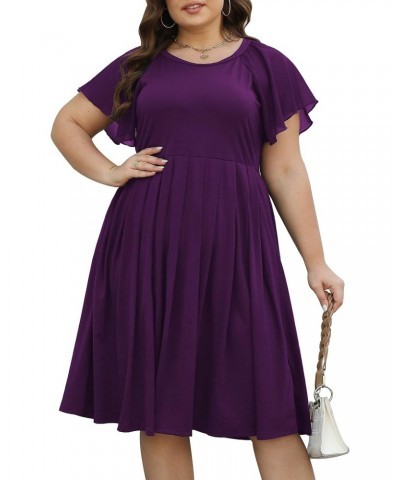 Plus Size Casual Summer Pleated Dress for Women Crew Neck Chiffon Short Sleeve Flowy Swing Midi Dresses with Pockets (cel166,...