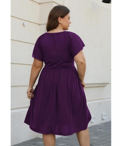 Plus Size Casual Summer Pleated Dress for Women Crew Neck Chiffon Short Sleeve Flowy Swing Midi Dresses with Pockets (cel166,...