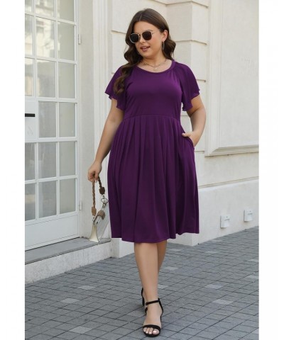 Plus Size Casual Summer Pleated Dress for Women Crew Neck Chiffon Short Sleeve Flowy Swing Midi Dresses with Pockets (cel166,...