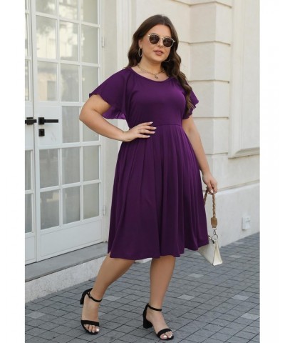 Plus Size Casual Summer Pleated Dress for Women Crew Neck Chiffon Short Sleeve Flowy Swing Midi Dresses with Pockets (cel166,...