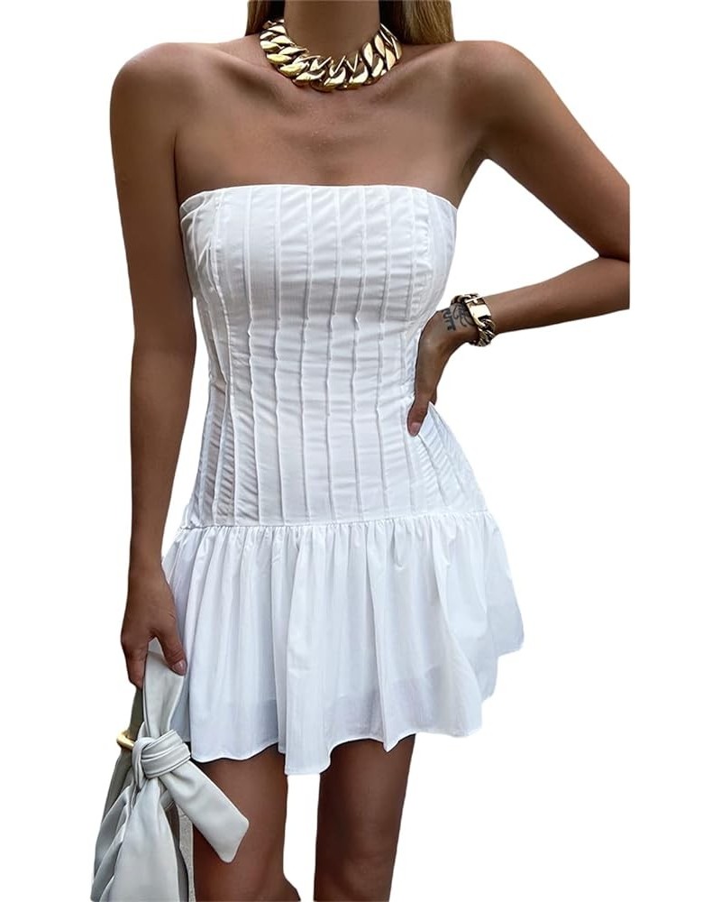 Women Y2K Tube Mini Dress Sexy Strapless Off Shoulder Slim Flare Ruffle Short Dress Party Club Streetwear Pleated White $9.87...