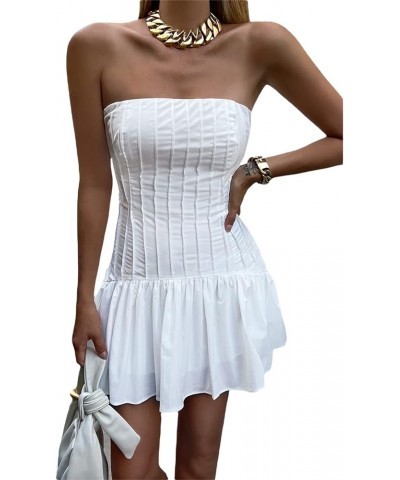 Women Y2K Tube Mini Dress Sexy Strapless Off Shoulder Slim Flare Ruffle Short Dress Party Club Streetwear Pleated White $9.87...