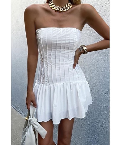 Women Y2K Tube Mini Dress Sexy Strapless Off Shoulder Slim Flare Ruffle Short Dress Party Club Streetwear Pleated White $9.87...