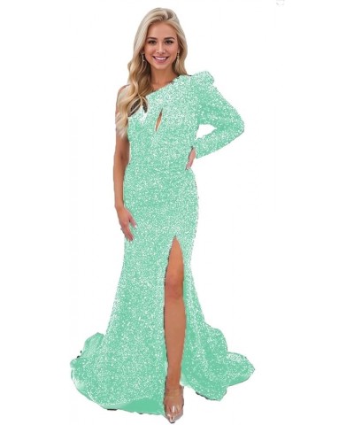 One Shoulder Mermaid Sequin Prom Dress with Slit Long Sleeve Cutout Formal Gown for Women Mint Green $26.00 Dresses