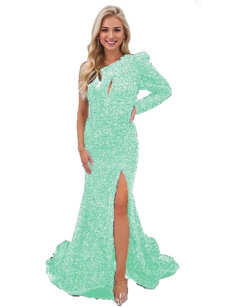 One Shoulder Mermaid Sequin Prom Dress with Slit Long Sleeve Cutout Formal Gown for Women Mint Green $26.00 Dresses