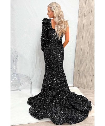 One Shoulder Mermaid Sequin Prom Dress with Slit Long Sleeve Cutout Formal Gown for Women Mint Green $26.00 Dresses