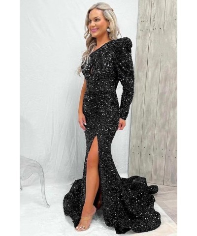 One Shoulder Mermaid Sequin Prom Dress with Slit Long Sleeve Cutout Formal Gown for Women Mint Green $26.00 Dresses