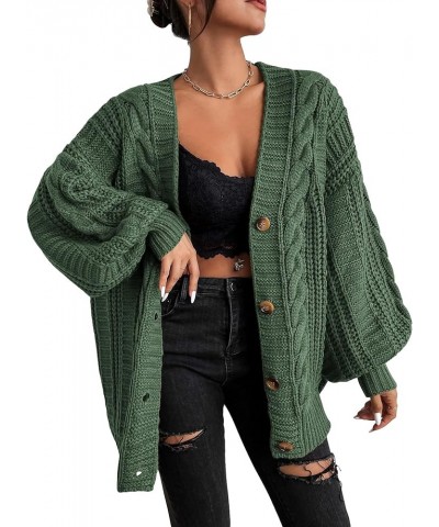 Women's Cable Knit Button Down Lantern Sleeve Oversized V Neck Cardigan Coat Olive Green $30.73 Sweaters