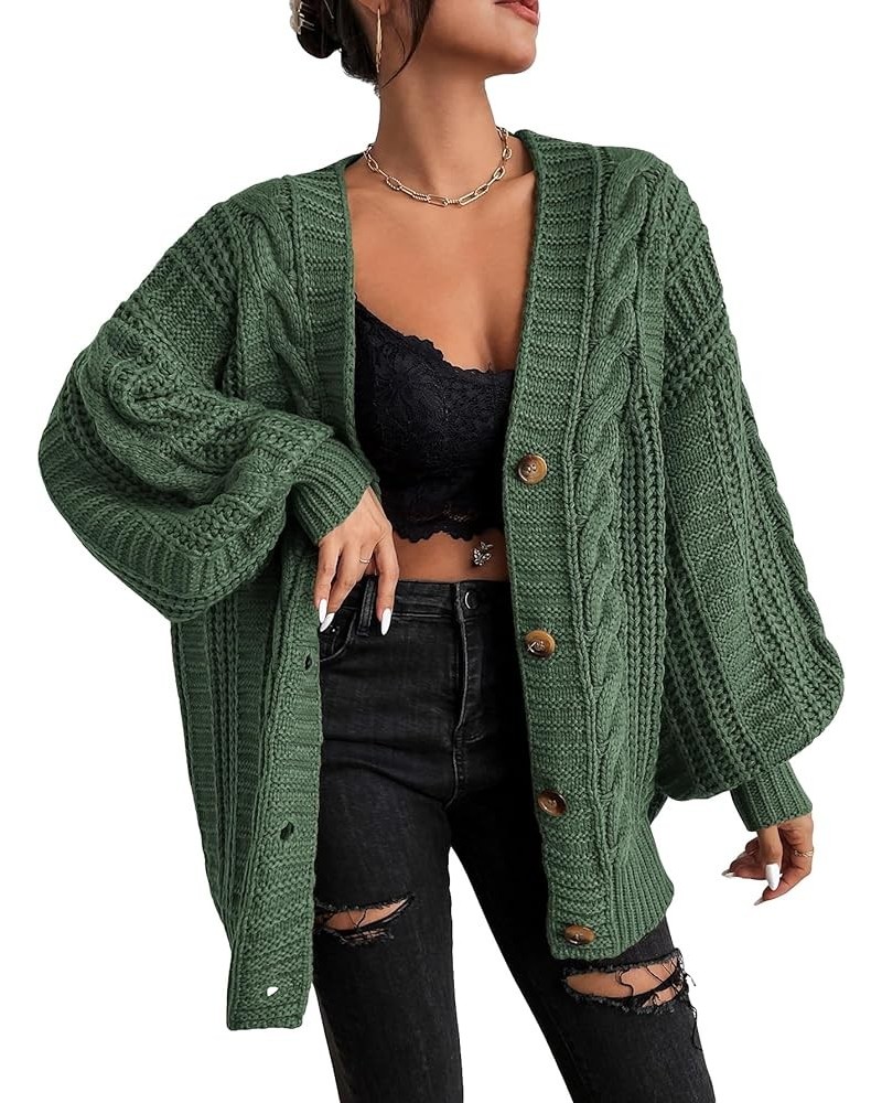 Women's Cable Knit Button Down Lantern Sleeve Oversized V Neck Cardigan Coat Olive Green $30.73 Sweaters