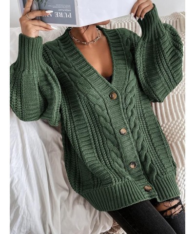 Women's Cable Knit Button Down Lantern Sleeve Oversized V Neck Cardigan Coat Olive Green $30.73 Sweaters