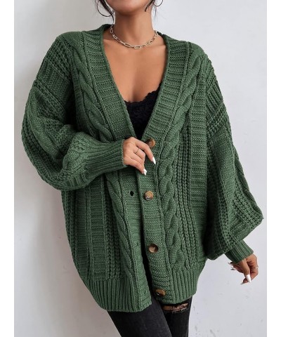 Women's Cable Knit Button Down Lantern Sleeve Oversized V Neck Cardigan Coat Olive Green $30.73 Sweaters