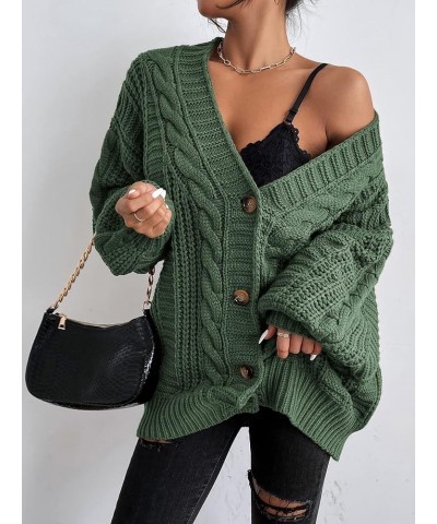 Women's Cable Knit Button Down Lantern Sleeve Oversized V Neck Cardigan Coat Olive Green $30.73 Sweaters