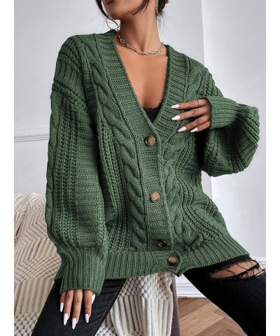 Women's Cable Knit Button Down Lantern Sleeve Oversized V Neck Cardigan Coat Olive Green $30.73 Sweaters