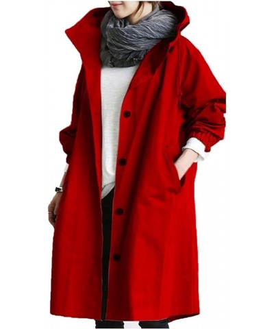 Oversized Winter Trench Coat Hooded Jacket for Women,Classic Solid Colour Button Temperament Waisted Long Sleeve Coats 02-red...