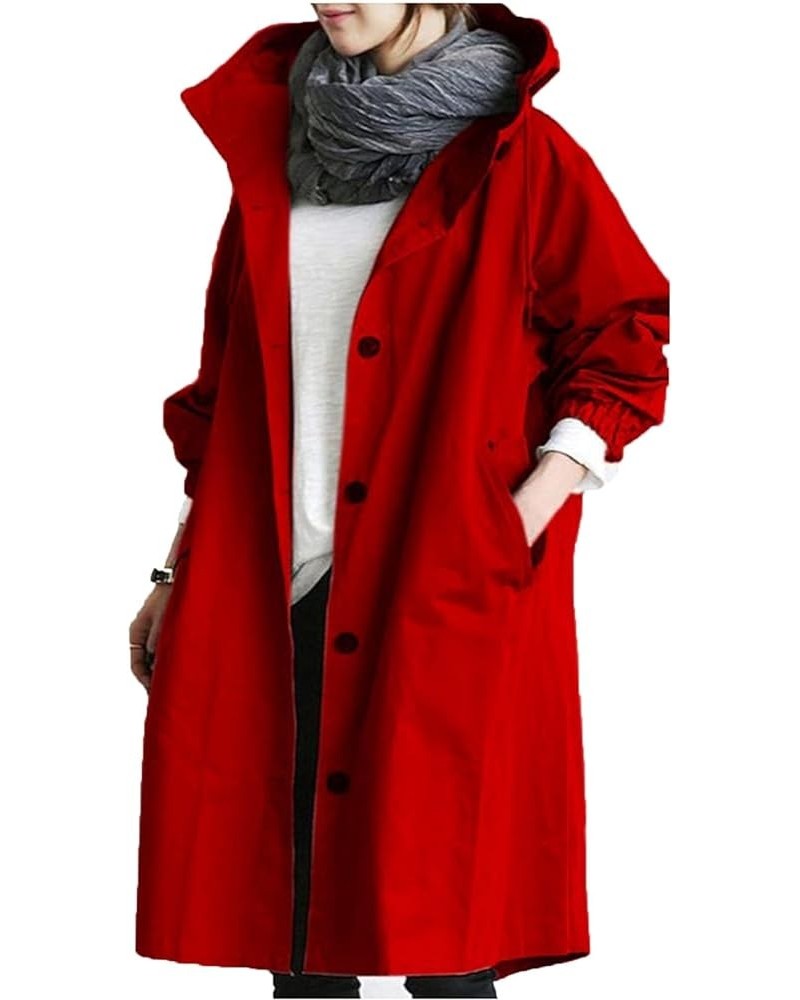 Oversized Winter Trench Coat Hooded Jacket for Women,Classic Solid Colour Button Temperament Waisted Long Sleeve Coats 02-red...