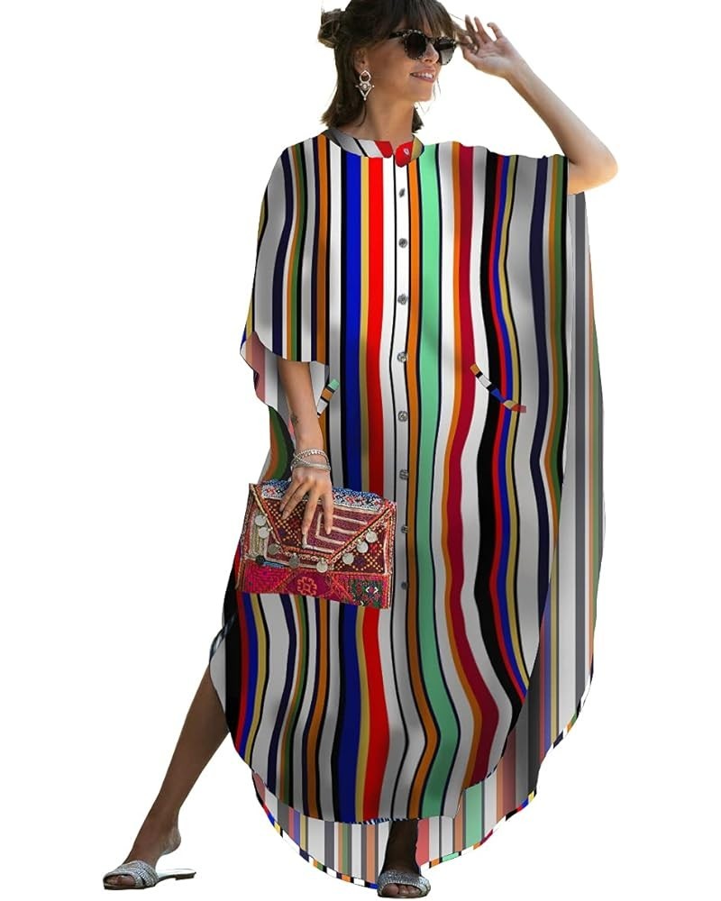 Women Casual Beach Kaftan Maxi Dress Loose Caftan Bikini Cover Up Kimono Cardigan Long Bathing Suit Shirt Dress B-colorfel St...