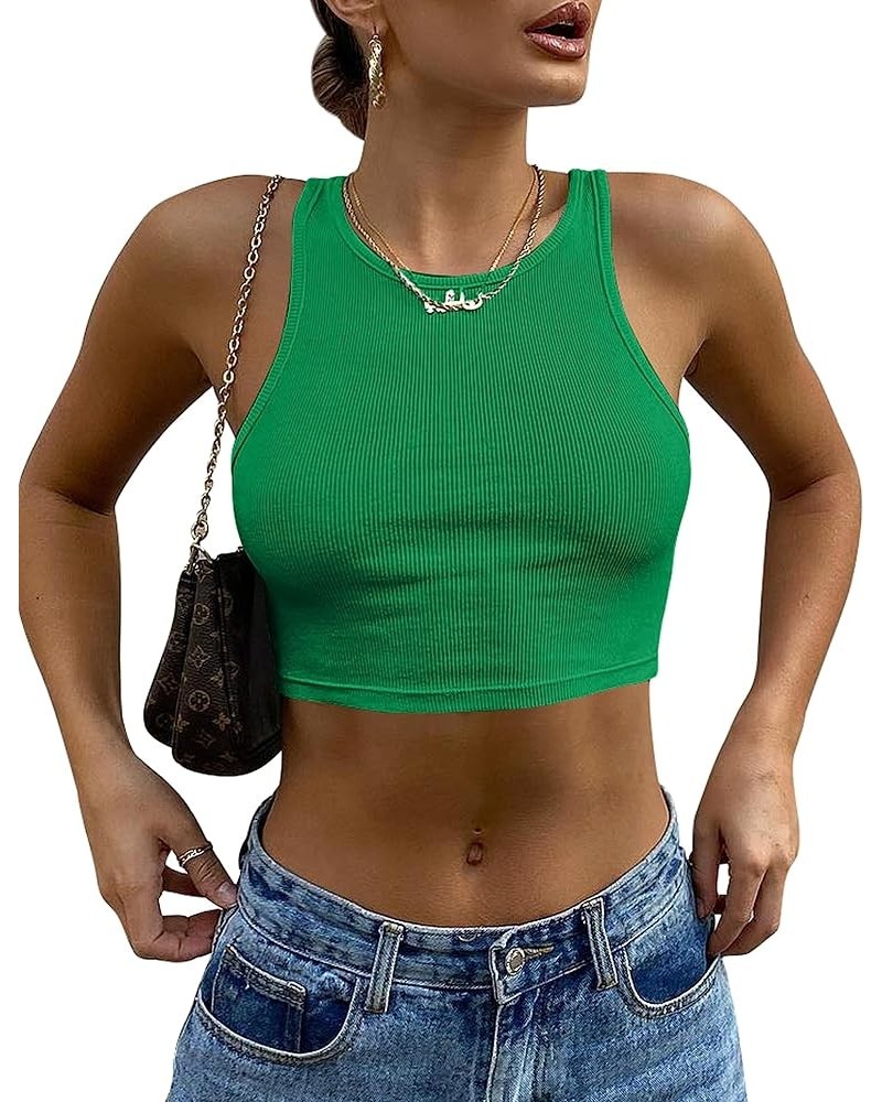 Women's Sexy Sleeveless Crop Tank Top Basic Ribbed High Neck Racerback Cropped Top Green $11.39 Tanks