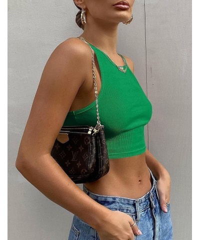 Women's Sexy Sleeveless Crop Tank Top Basic Ribbed High Neck Racerback Cropped Top Green $11.39 Tanks