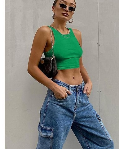 Women's Sexy Sleeveless Crop Tank Top Basic Ribbed High Neck Racerback Cropped Top Green $11.39 Tanks