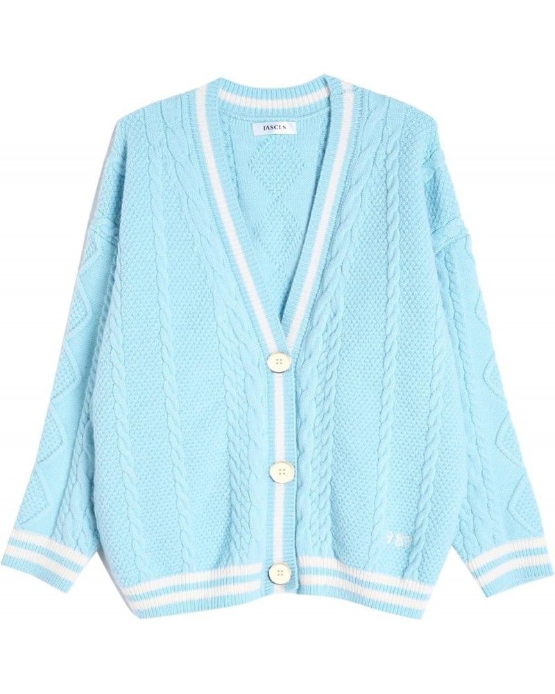 Women's Cable Knit Long Sleeve Open Front Cardigan V-Neck Button Down Embroidery Chunky Oversized Sweater Coat Outwear Blue $...