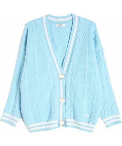 Women's Cable Knit Long Sleeve Open Front Cardigan V-Neck Button Down Embroidery Chunky Oversized Sweater Coat Outwear Blue $...