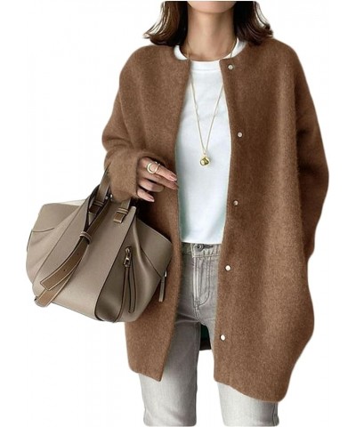 Women's Coat Loose Button Jacket Coat Brown Knit $18.68 Coats